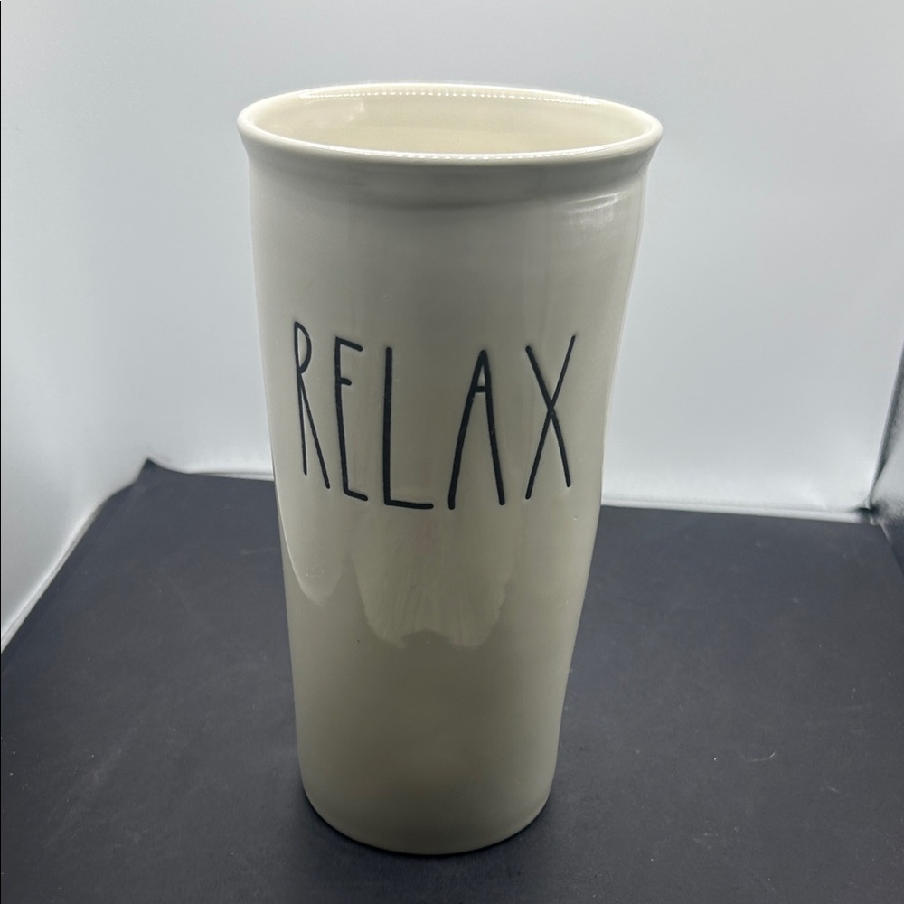 Rae Dunn Cream Ceramic Tumbler with Black "RELAX" Lettering